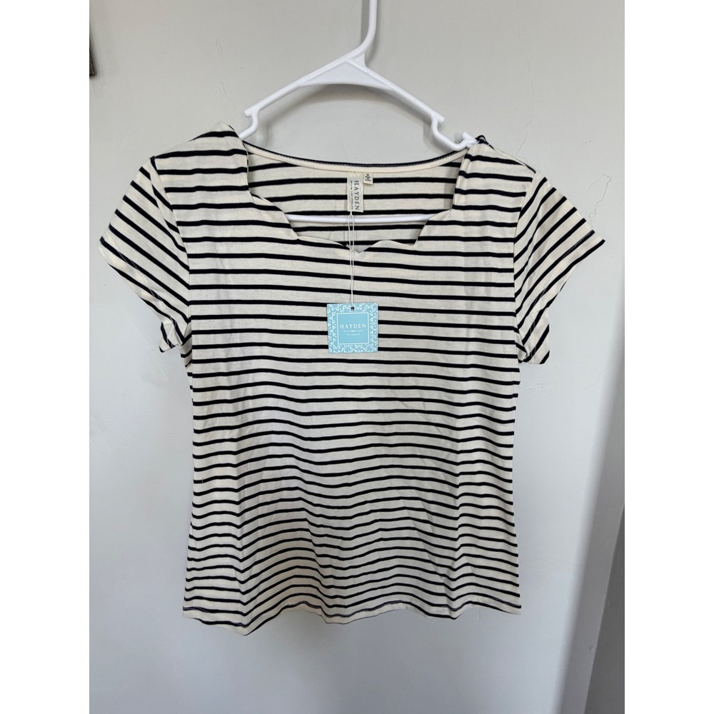 Hayden Los Angeles Women Striped Short Sleeve Notched Neck Top Cream Black M NEW